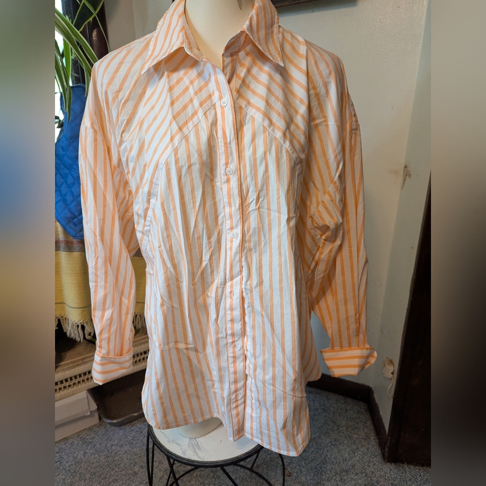 NWT Express Orange Striped Cotton Dropped Shoulder Oversized Button Down Sz Lg